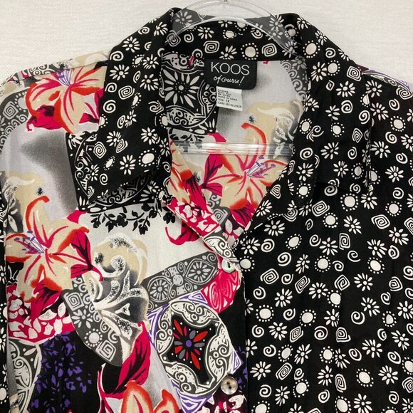 KOOS Of Course! Black Pink Floral Pure Silk Artsy BloomCore Button Down Tunic 1X - Picture 8 of 11
